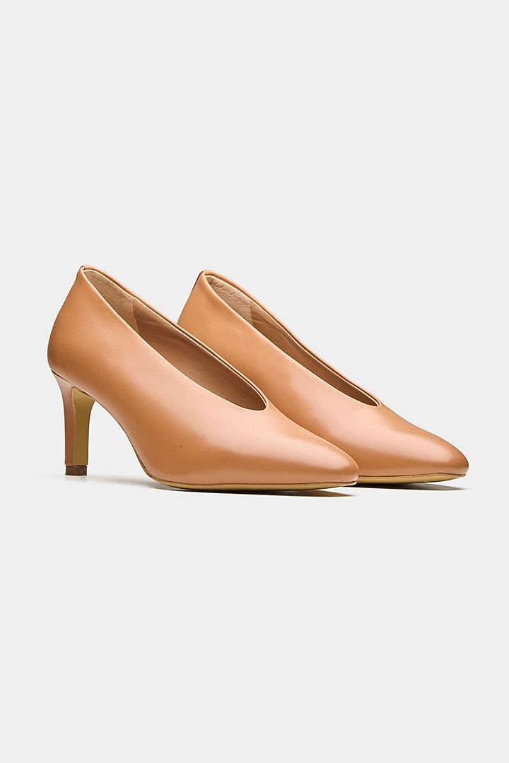 Tan Genuine Leather U-Cut Pointed Pump Heels by Oroh at Pernia's Pop Up Shop