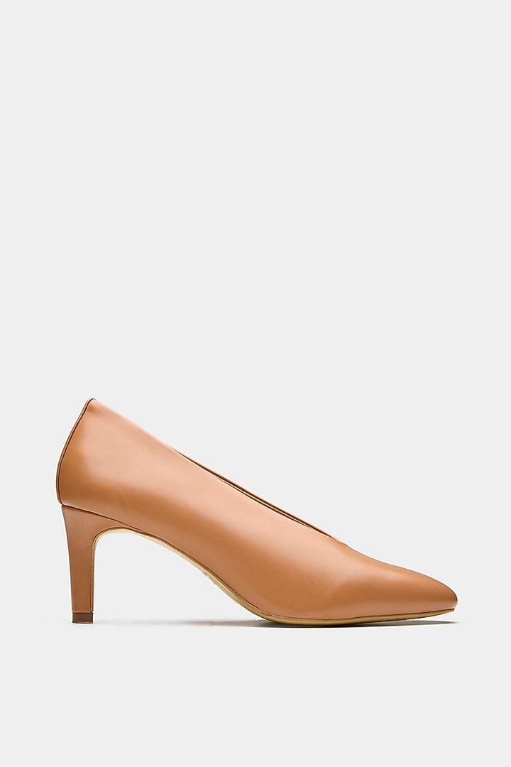 Tan Genuine Leather U-Cut Pointed Pump Heels by Oroh at Pernia's Pop Up Shop
