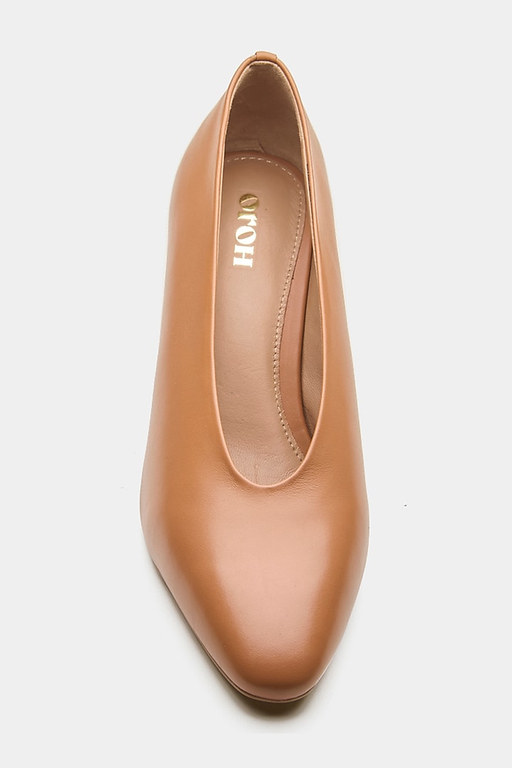 Tan Genuine Leather U-Cut Pointed Pump Heels by Oroh at Pernia's Pop Up Shop