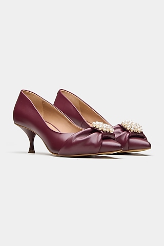 Maroon Genuine Leather Pearl Work Kitten Heels by Oroh