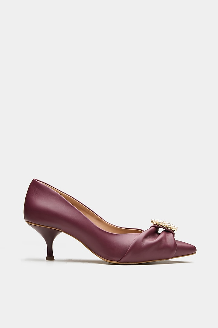 Maroon Genuine Leather Pearl Work Kitten Heels by Oroh at Pernia's Pop Up Shop