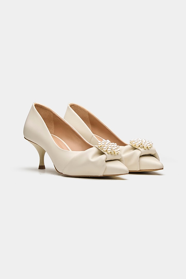 White Genuine Leather Pearl Work Kitten Heels by Oroh at Pernia's Pop Up Shop