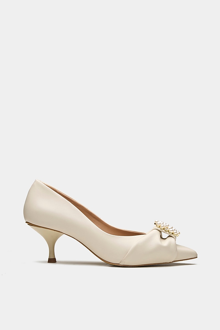 White Genuine Leather Pearl Work Kitten Heels by Oroh at Pernia's Pop Up Shop