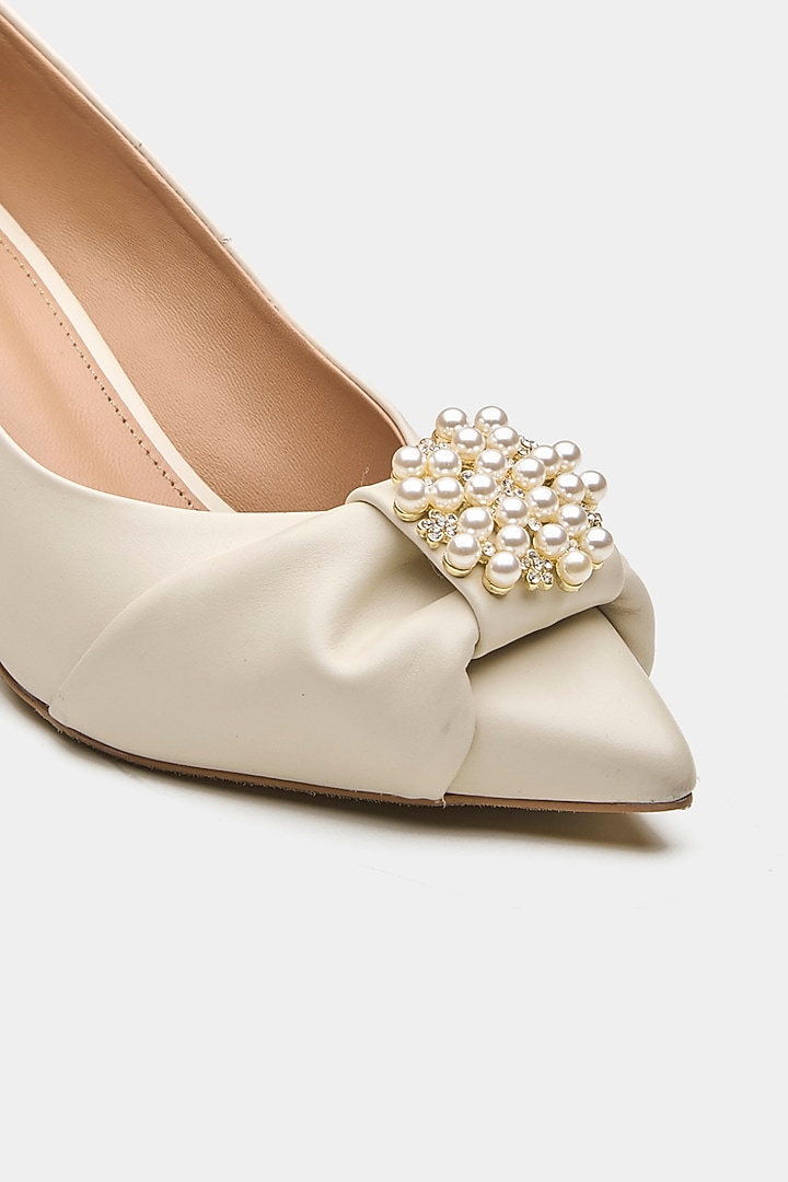 White Genuine Leather Pearl Work Kitten Heels by Oroh at Pernia's Pop Up Shop