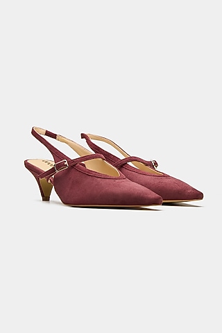 Maroon Genuine Leather Slingback Pointed-Toe Heels by Oroh