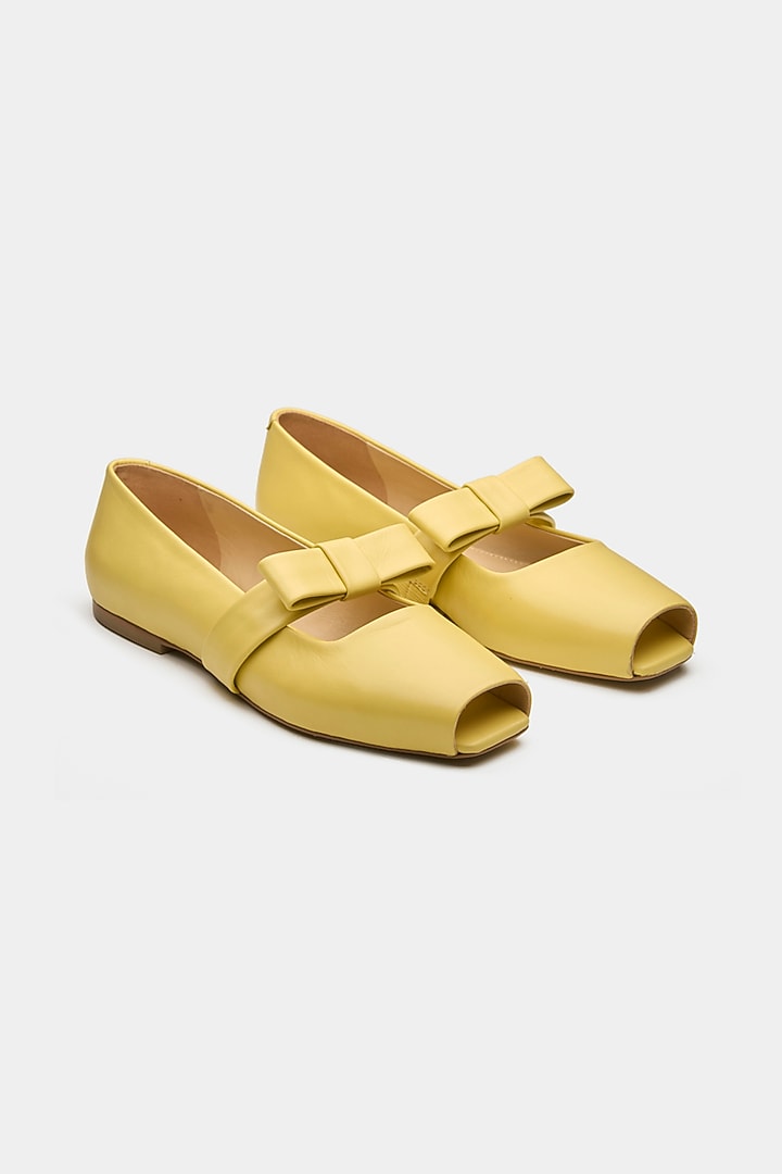 Yellow Genuine Leather Peep-Toe Flats by Oroh at Pernia's Pop Up Shop