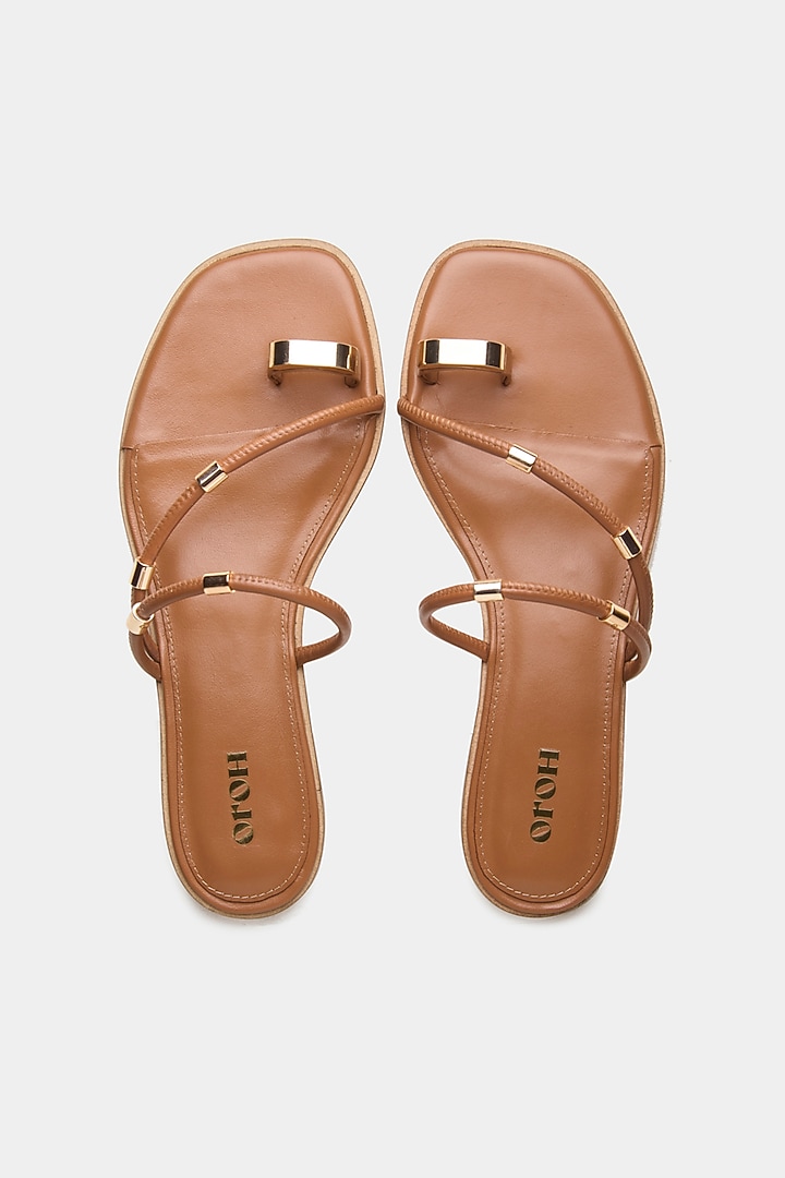 Tan Genuine Leather Metallic Embellished Flats by Oroh at Pernia's Pop Up Shop