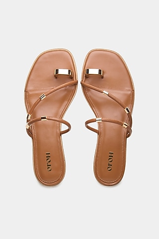 Tan Genuine Leather Metallic Embellished Flats by Oroh