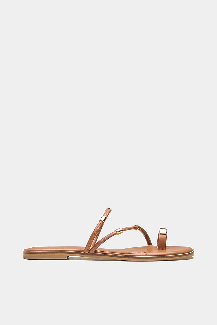 Tan Genuine Leather Metallic Embellished Flats by Oroh at Pernia's Pop Up Shop