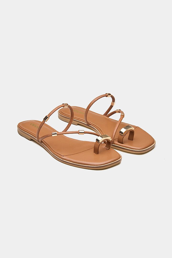 Tan Genuine Leather Metallic Embellished Flats by Oroh at Pernia's Pop Up Shop