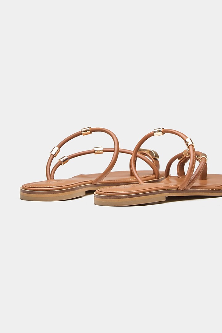 Tan Genuine Leather Metallic Embellished Flats by Oroh at Pernia's Pop Up Shop