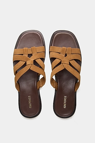Tan Genuine Leather Flats by Oroh