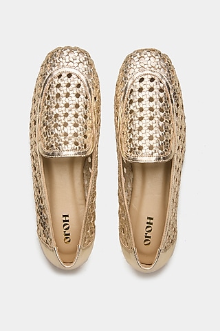 Gold Genuine Leather Ballerina Flats by Oroh