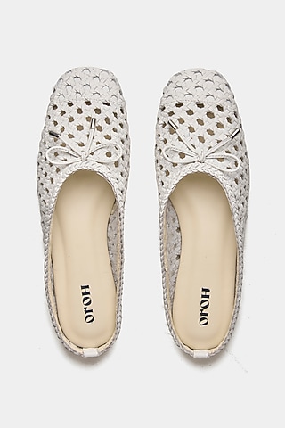 White Genuine Leather Hand-Woven Ballerina Flats by Oroh