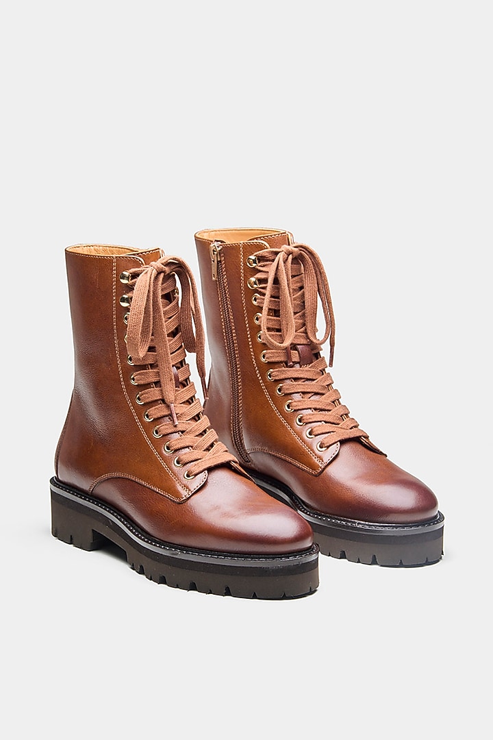 Tan Genuine Leather Biker Ankle Boots by Oroh at Pernia's Pop Up Shop