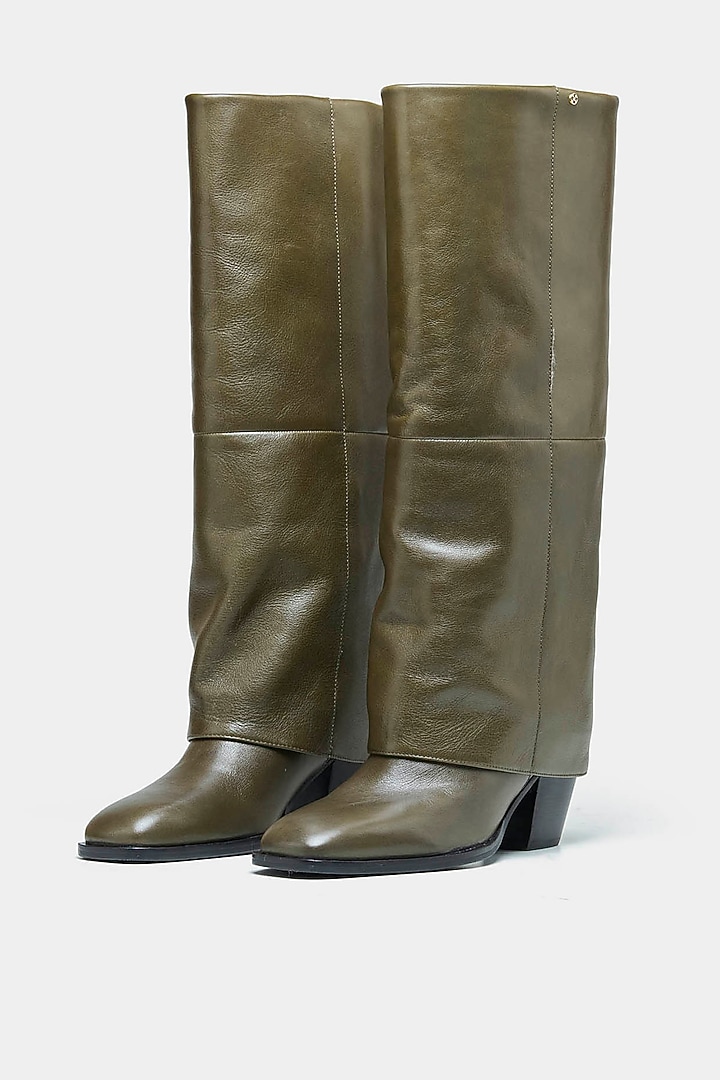 Green Genuine Leather Long Boots by Oroh at Pernia's Pop Up Shop