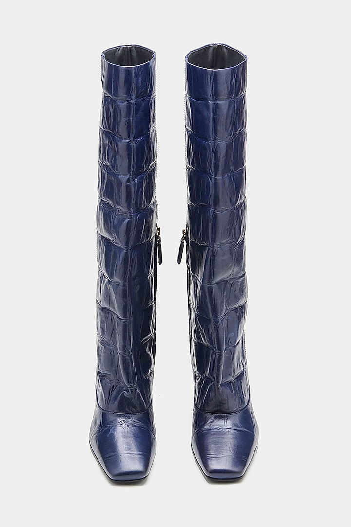 Navy Genuine Leather Long Boots by Oroh at Pernia's Pop Up Shop