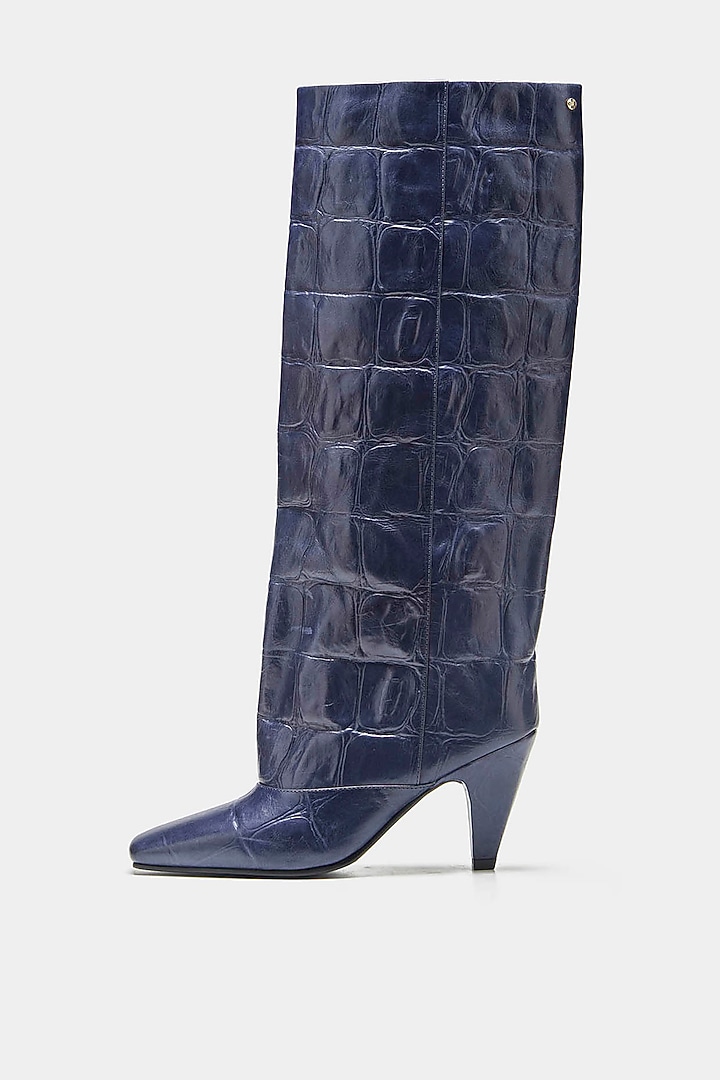 Navy Genuine Leather Long Boots by Oroh at Pernia's Pop Up Shop