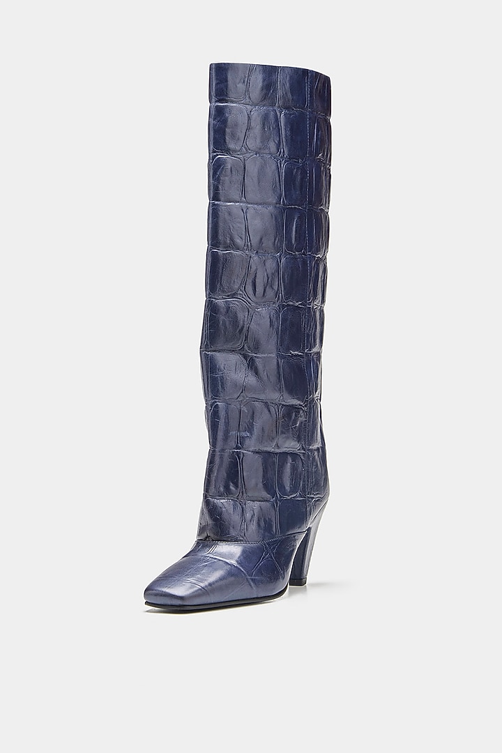 Navy Genuine Leather Long Boots by Oroh at Pernia's Pop Up Shop
