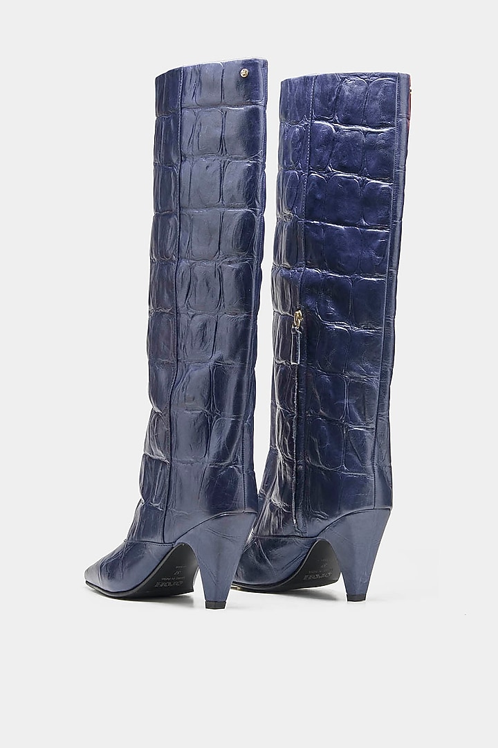 Navy Genuine Leather Long Boots by Oroh at Pernia's Pop Up Shop
