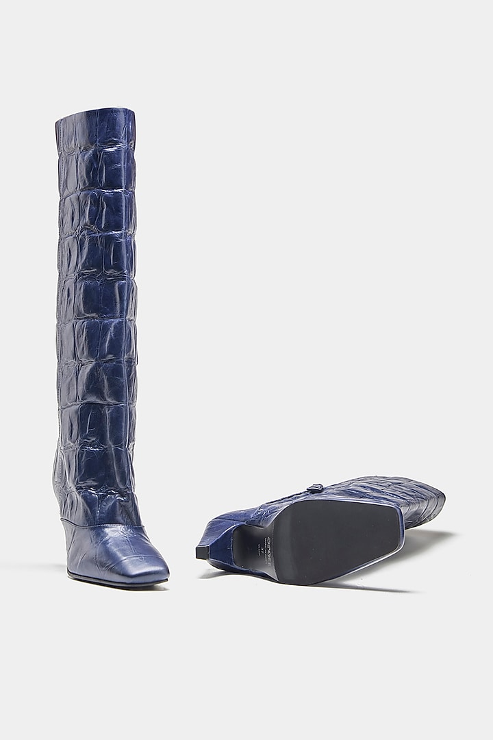Navy Genuine Leather Long Boots by Oroh at Pernia's Pop Up Shop