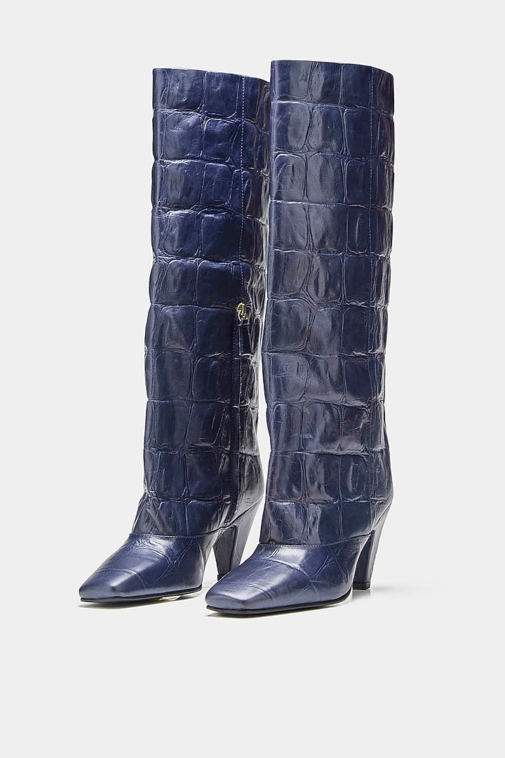 Navy Genuine Leather Long Boots by Oroh at Pernia's Pop Up Shop