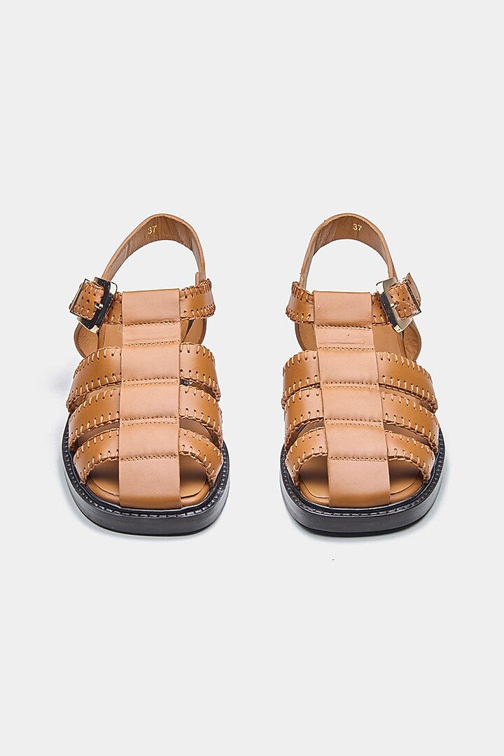 Tan Genuine Leather Woven Strap Flats by Oroh at Pernia's Pop Up Shop