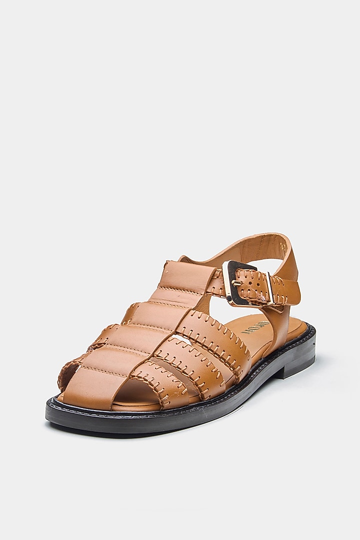 Tan Genuine Leather Woven Strap Flats by Oroh at Pernia's Pop Up Shop