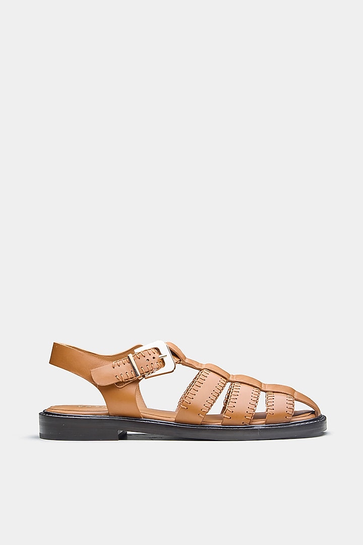 Tan Genuine Leather Woven Strap Flats by Oroh at Pernia's Pop Up Shop