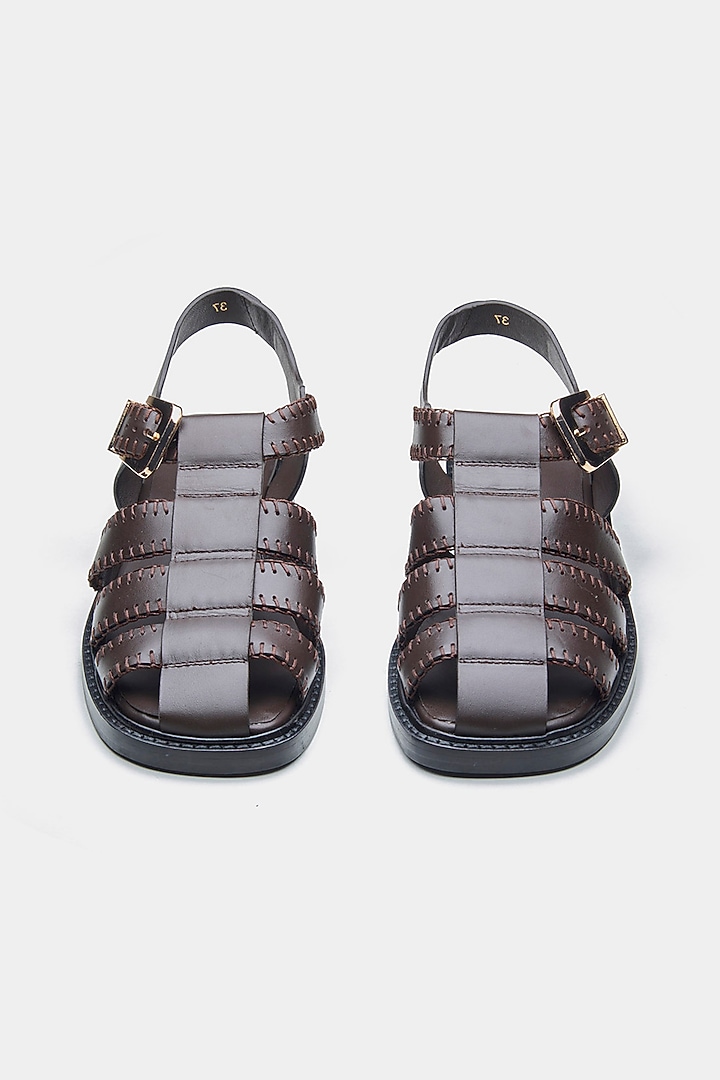 Brown Genuine Leather Woven Strap Flats by Oroh at Pernia's Pop Up Shop