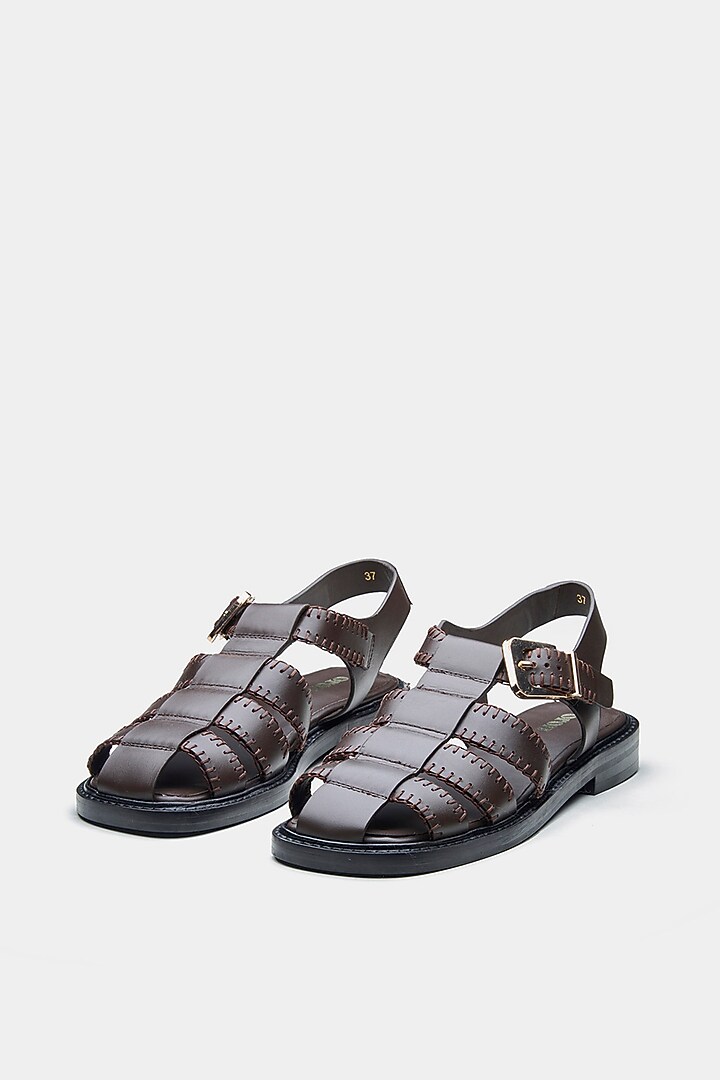 Brown Genuine Leather Woven Strap Flats by Oroh at Pernia's Pop Up Shop