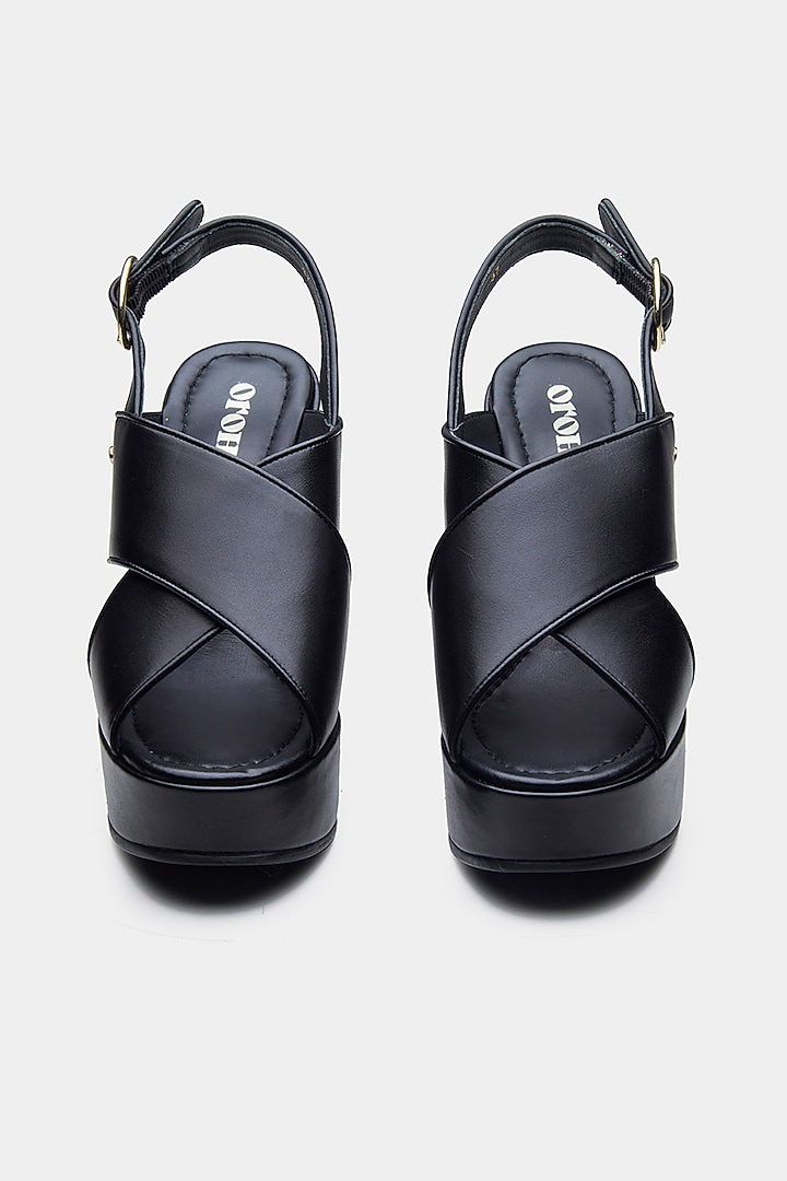 Black Genuine Leather Cross-Strap Wedges by Oroh at Pernia's Pop Up Shop