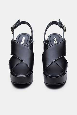 Black Genuine Leather Cross-Strap Wedges by Oroh
