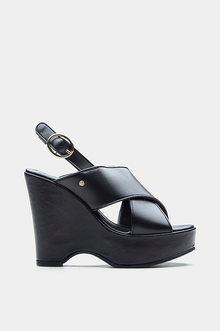 Black Genuine Leather Cross-Strap Wedges by Oroh at Pernia's Pop Up Shop