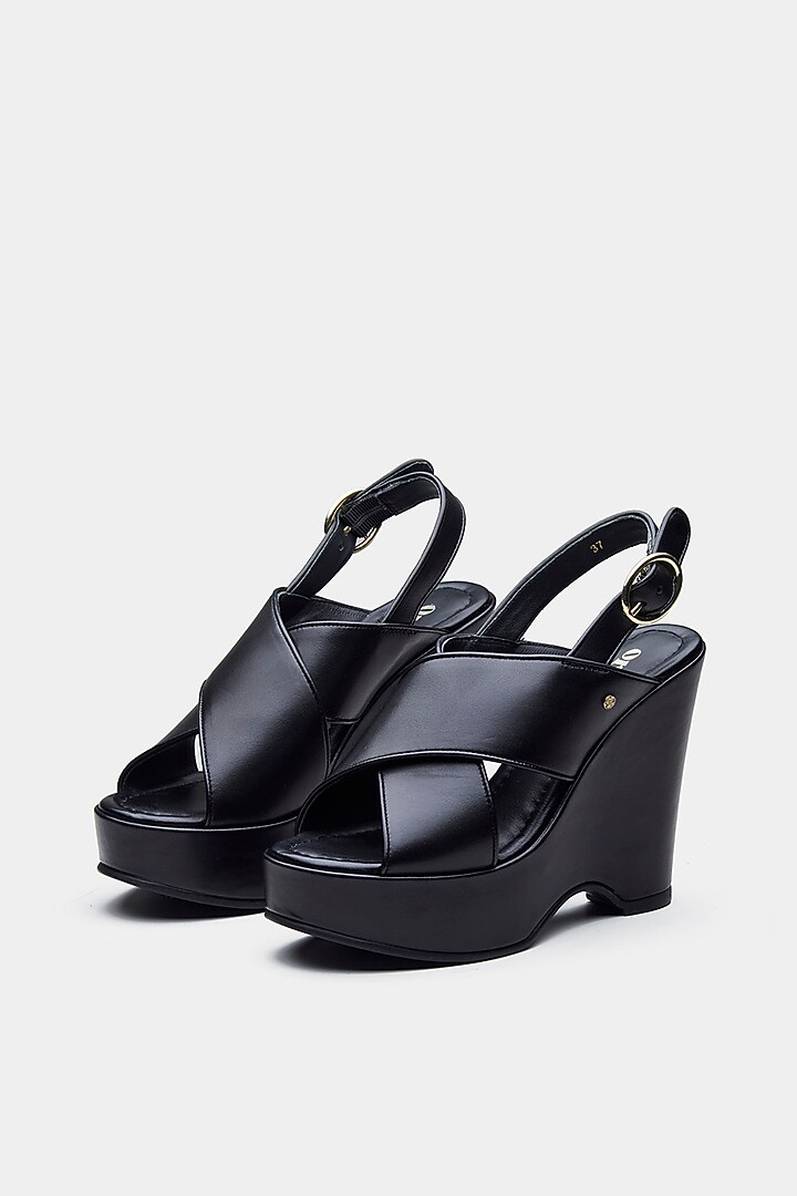 Black Genuine Leather Cross-Strap Wedges by Oroh at Pernia's Pop Up Shop