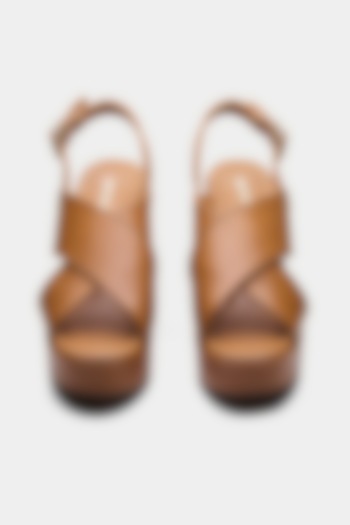Tan Genuine Leather Cross-Strap Wedges by Oroh at Pernia's Pop Up Shop