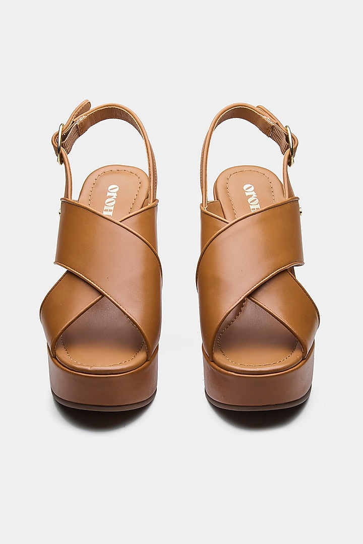 Tan Genuine Leather Cross-Strap Wedges by Oroh at Pernia's Pop Up Shop
