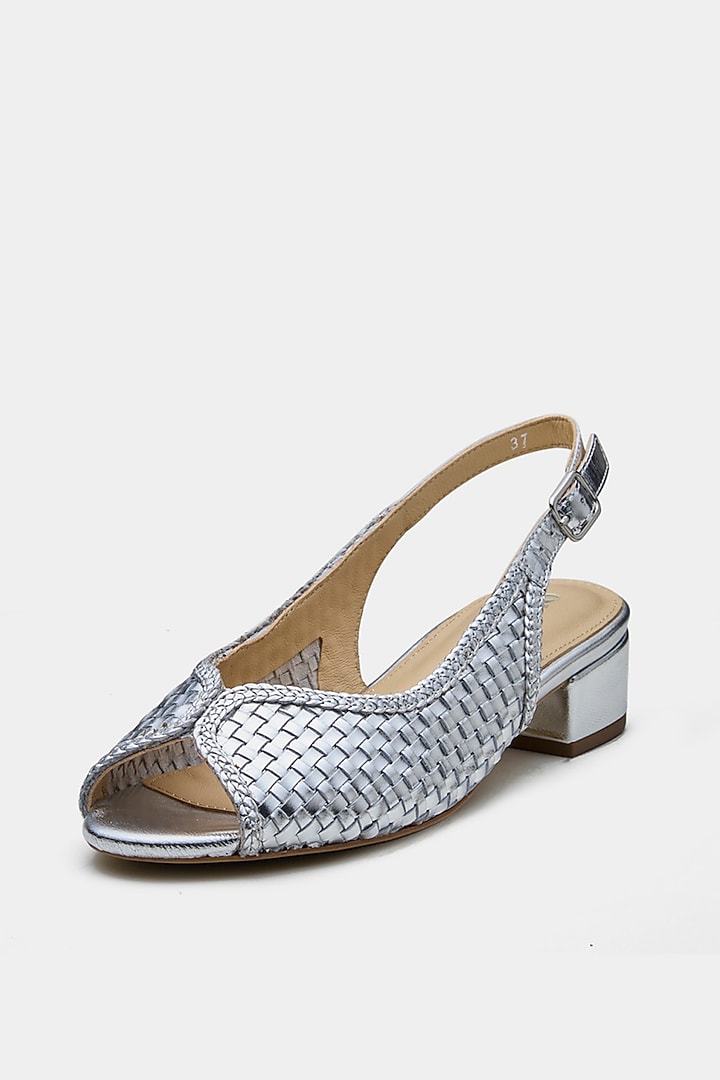Silver Shine Genuine Leather Woven Block Heels by Oroh at Pernia's Pop Up Shop