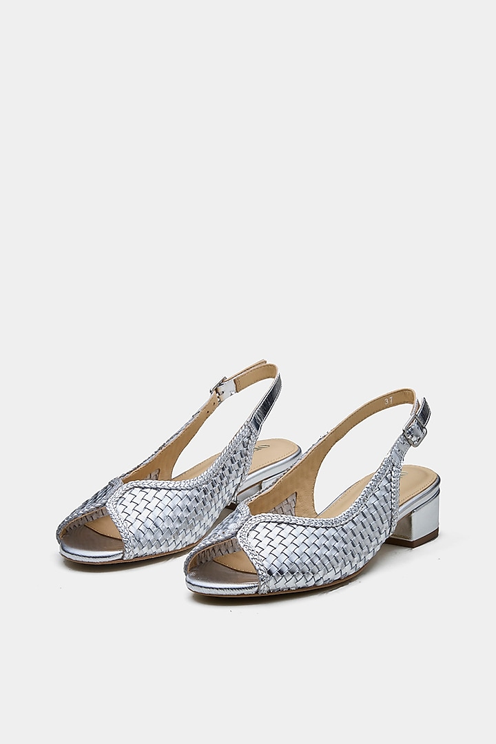 Silver Shine Genuine Leather Woven Block Heels by Oroh at Pernia's Pop Up Shop