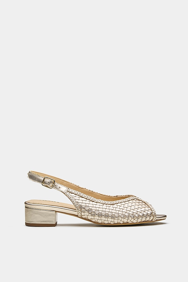 Gold Shine Genuine Leather Woven Block Heels by Oroh at Pernia's Pop Up Shop