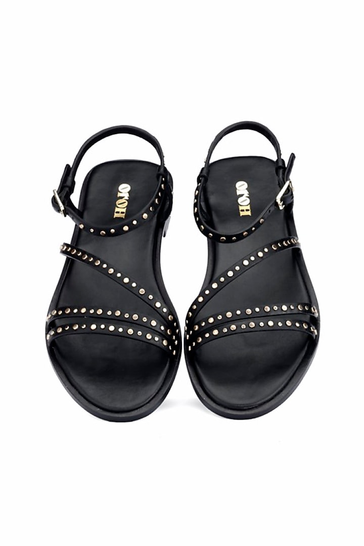 Black Genuine Leather Metallic Studded Flats by Oroh at Pernia's Pop Up Shop