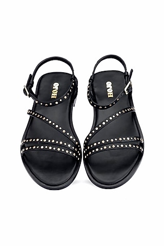 Black Genuine Leather Metallic Studded Flats by Oroh