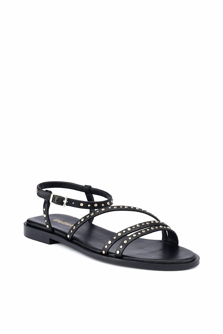 Black Genuine Leather Metallic Studded Flats by Oroh at Pernia's Pop Up Shop