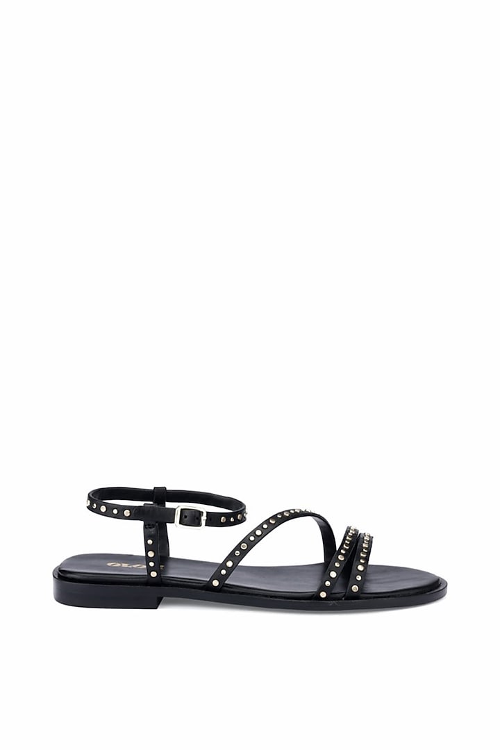 Black Genuine Leather Metallic Studded Flats by Oroh at Pernia's Pop Up Shop
