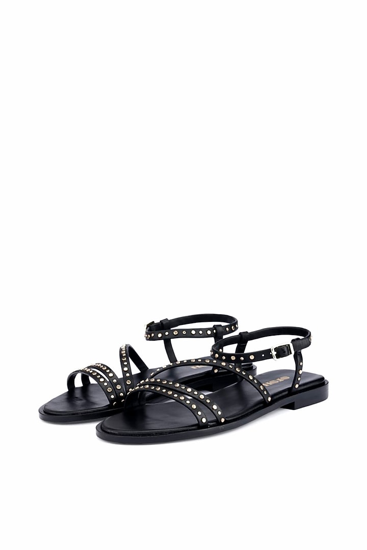 Black Genuine Leather Metallic Studded Flats by Oroh at Pernia's Pop Up Shop