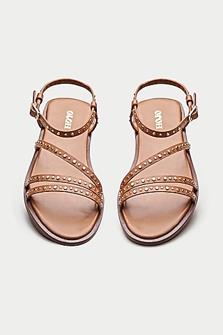 Tan Genuine Leather Metallic Studded Flats by Oroh