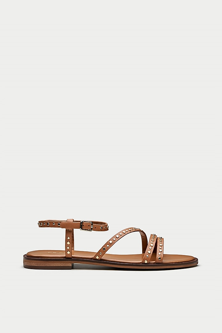 Tan Genuine Leather Metallic Studded Flats by Oroh at Pernia's Pop Up Shop