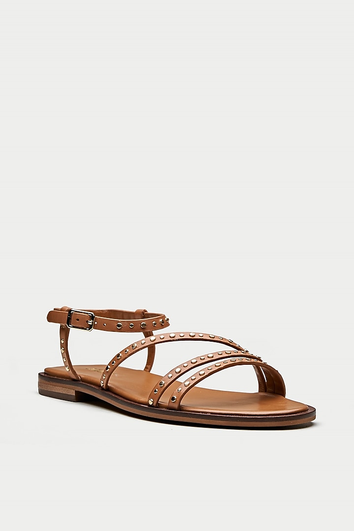 Tan Genuine Leather Metallic Studded Flats by Oroh at Pernia's Pop Up Shop