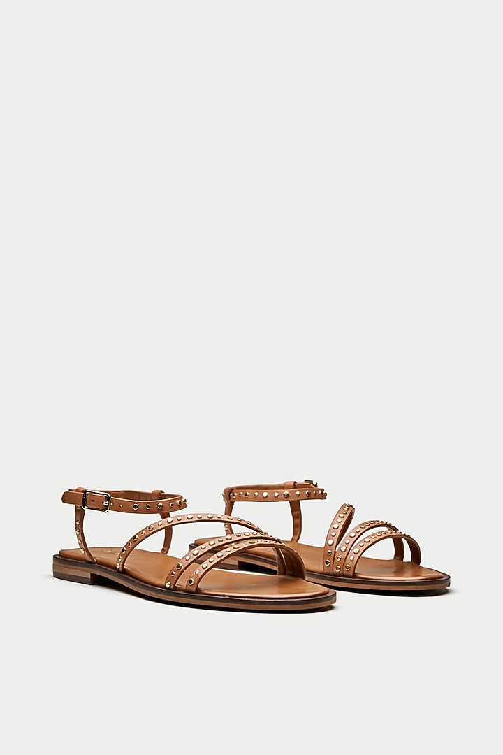 Tan Genuine Leather Metallic Studded Flats by Oroh at Pernia's Pop Up Shop