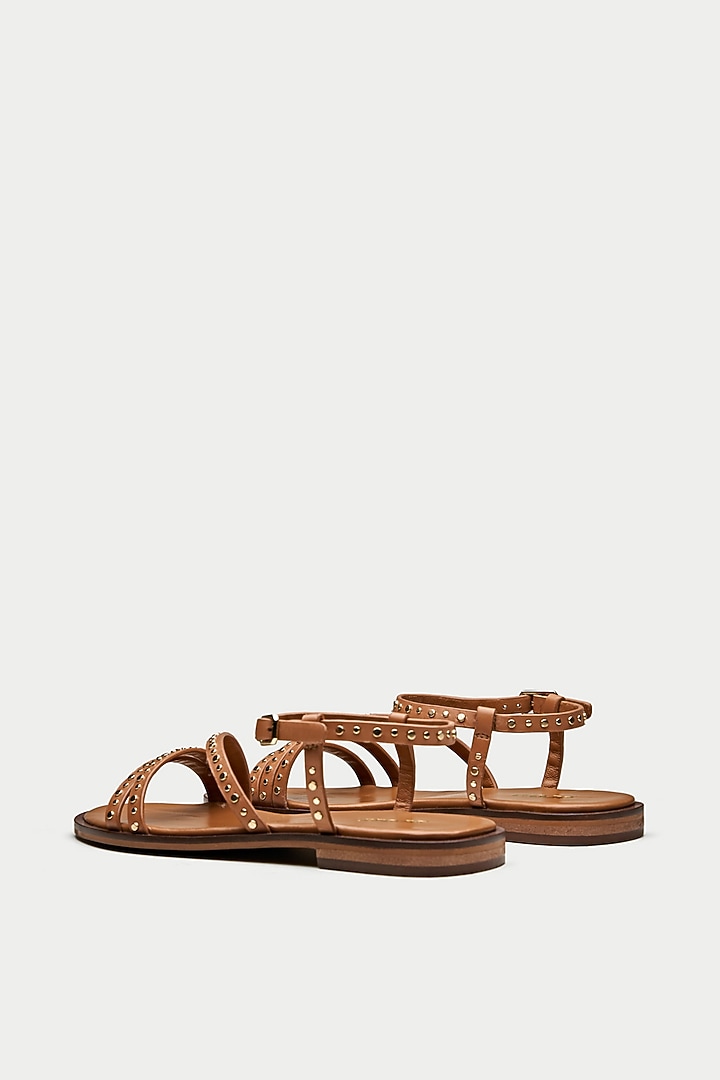 Tan Genuine Leather Metallic Studded Flats by Oroh at Pernia's Pop Up Shop